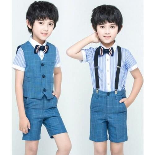 Children Formal 4pcs Suit Sets Flower Boys Wedding Party Prom Birthday Costumes Short-Sleeved Blazer Suits Gentleman Outfits