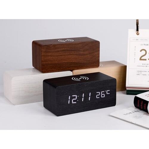Home wireless charging alarm clock thermometer LED digital home smart voice control wooden clock clock