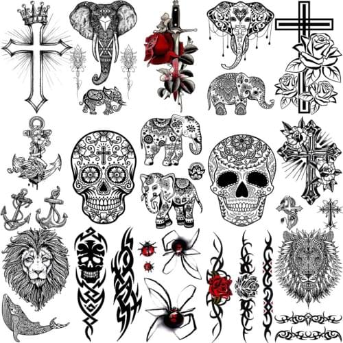 Henna Elephant Skeleton Temporary Tattoos For Women Adult Girls Anchor Cross Spider Hands Lion Fake Tattoo Small Tatoos Sticker