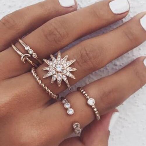 6P Star Moon Ring Alloy Rhineston Set Vintage Irregular Popular For Women Rings Hot Sale 2021 New Style Fashion Jewelry Gifts