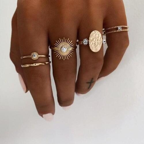 Fashion Punk Gold Ring Set Women Vintage Geometry Charm Sun Flower Retro Crystal Antique Finger Knuckle Ring Boho Female Jewelry