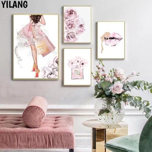 Pink Flower Fashion Poster Eyelash Lips Makeup Print Canvas Art Painting Wall Art Picture Modern For Girl Bedroom Home Decor