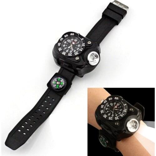 Fashion 3 in 1 bright watch light flashlight with compass outdoor sports mens LED rechargeable wrist watch lamp torch