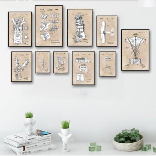 Engine Toy Airplane Cook Flying Blueprint Wall Art Paint Wall Decor Canvas Prints Canvas Art Poster Oil Paintings No Frame