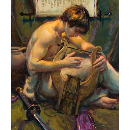 Mpressionism young male nude boy plucked the strings 36*24 # hand painted #Original Oil painting on Canvas #free shipping