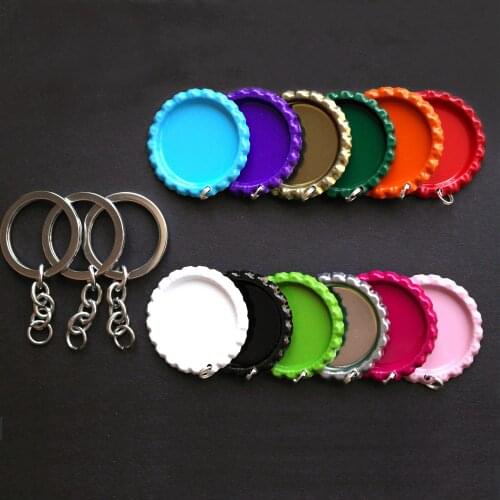 New arrival High quality 50Pcs/lot Blank Colourful Flattened Bottle Cap + 50 pcs Chrome Key Chain for DIY Keychains