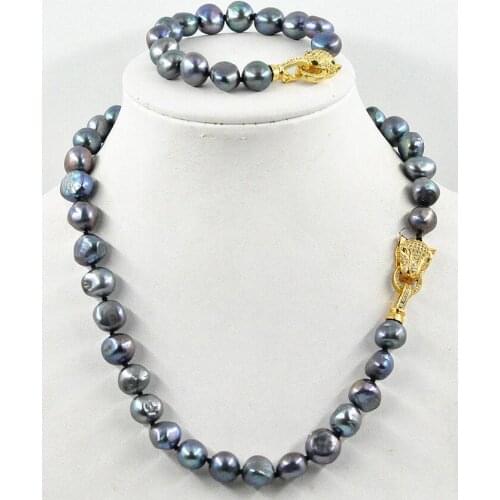 NEW 11-12mm Black Irregular shaped baroque pearl necklace bracelet set leopard Clasp set 19"