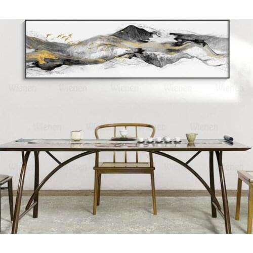 New Chinese Style Abstract Landscape Canvas Painting Mountain Gold Bird Poster Wall Art Pictures for Living Room Home Decor