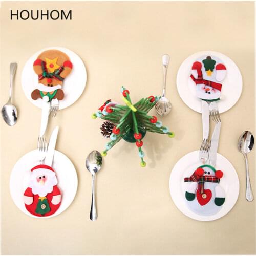 New Year 2021 Gift Santa Hat Elk Christmas Fork Knife Cutlery Holder Bag Christmas Decorations for Home Dinner Tableware Decor