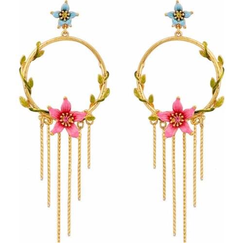 New product enamel glaze flower earrings female European and American fashion long tassel pendant without pierced ear clip