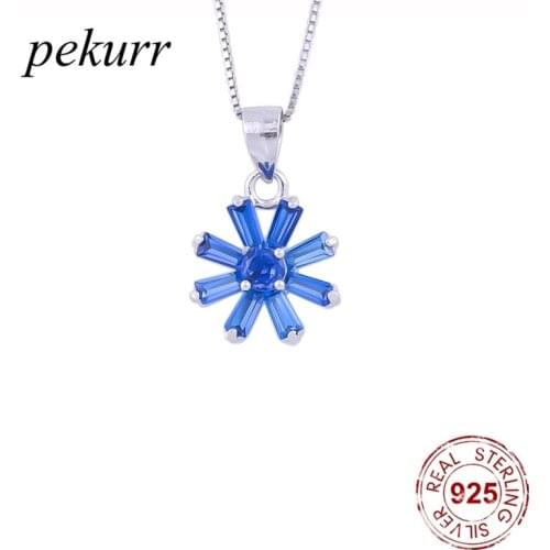 Pekurr 925 Sterling Silver Sapphire Sunflower Necklaces For Women Crystal Blue Snowflake Star Pendants Party Fashion Jewelry