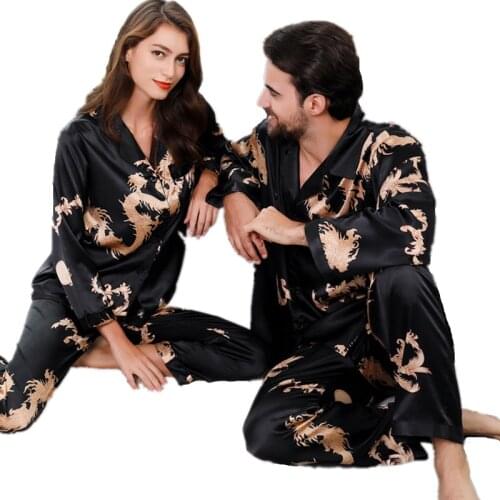 Men Silk Pajamas Pyjama Set Couples Chinese Style Dragon Dragon Pattern Two Piece Sleepwear Rayon Home Clothes Ladies