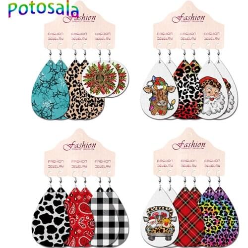 Potosala Christmas PU Leather Water Drop Earrings Elk Western Cowboy Santa Earrings Women Fashion Charming Jewelry Gift 3Pcs/Set