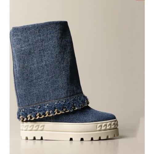 Roman Style Ladies Metal Chains Wash Cloth Blue Denim Boots Thicken Sole Inner Height Increasing Cowby Boots Two Wear Long Boot