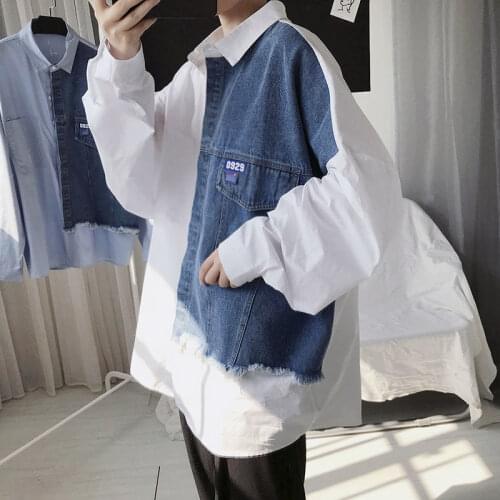 Mens Patch Work Shirts 2020 Harajuku Men Casual Long Sleeve Shirt Tops Streetwear Man Korean Oversized Blouse