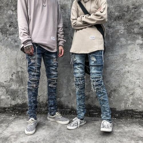 Rock Punk Personality Ripped Jeans Mens High Street Vintage Frayed Slim Denim Trousers Womens Fashion Patchwork Pencil Pants