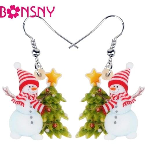Bonsny Acrylic Christmas Star Tree Striped Scarf Hat Snowman Earrings Dangle Drop Jewelry For Women Girls Teen Kid Festival Gift