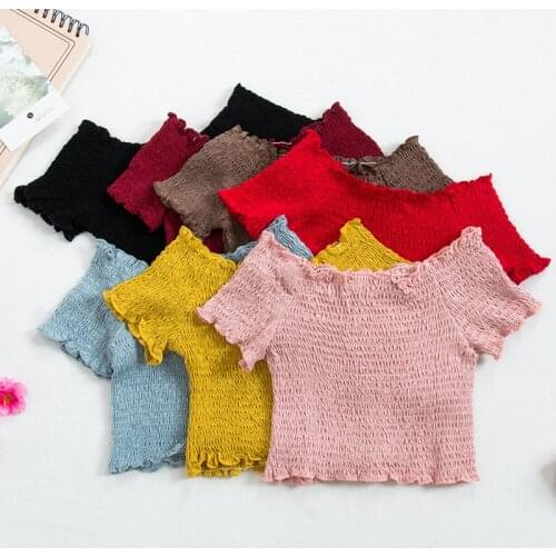 Heliar Summer Pleated Sexy Tees Women Ruffle Striped Tees Top Cute Off Shoulder Pleated Slim Sexy T-shirts Elastic Tops