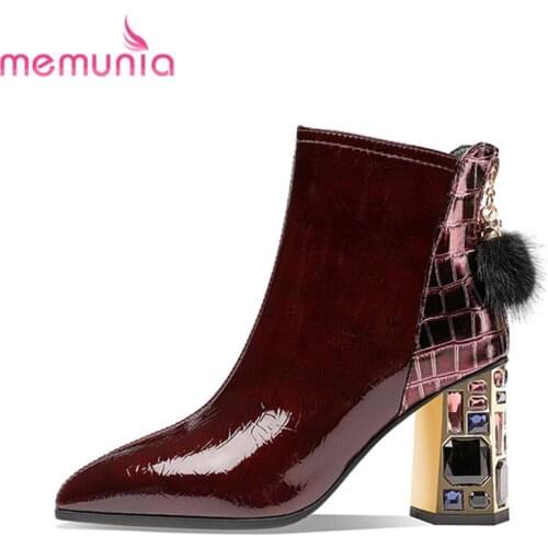 MEMUNIA New Arrive Patent Leather Ankle Boots For Women Square Heel Casual Shoes Pointed Toe Fashion Short Boots Female