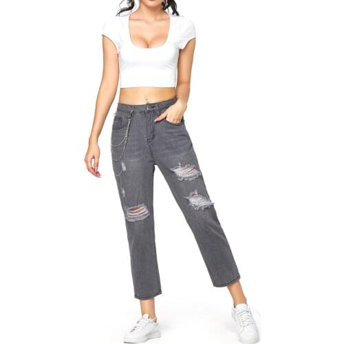 Women Loose Denim Pants Pocket Chain Decorative Trousers Girl Leisure Slim Bottom Female Gray Ripped Denim XS-L