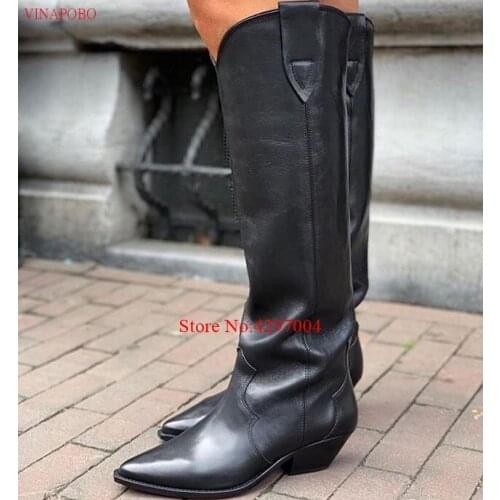 2019 High quality Pointed Toe Suede Genuine Leather Embroidered Knee high Boots for Women Pointy toe Square chunky heels Cowboy Long Boots Flat Knight Boots