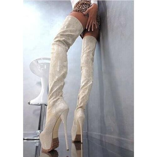 Senior custom women winter leather thigh high boots round toe sexy platform 16CM high heel boots python printed shoes woman