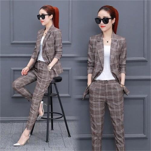 2018 Spring and Autumn new womens fashion plaid suit suits female Korean version of the nine pants temperament two-piece suit