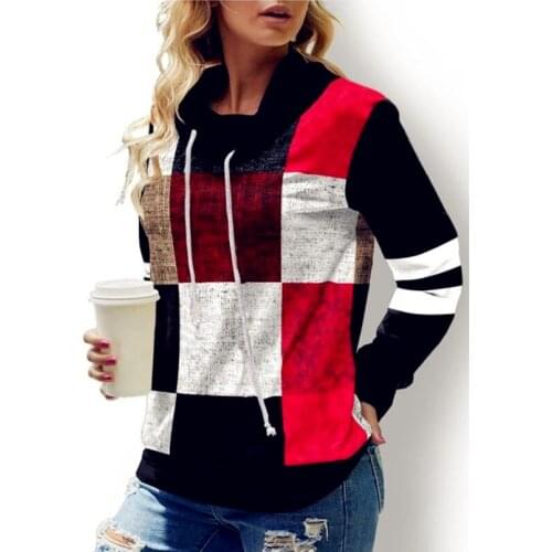 2021 Women Hood Sweatshirts Winter Spring Plaid Loose Big Large Plus Sizes Ladies Turtleneck Pullovers Hooded Shirts T Shirt