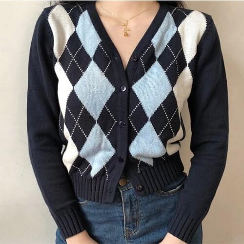 Vintage Geometric Argyle Sweater Cardigan Women Autumn Knit Long Sleeve V Neck Outerwear 2020 Elegant Knitted Ladies Sweaters