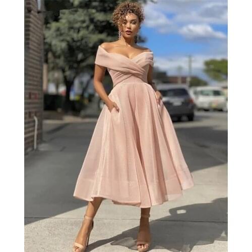 2021 Elegant Short Prom Dresses Off The Shoulder Pink Pleated Organza Tea-Length Evening Dresses robe de soirée de mariage