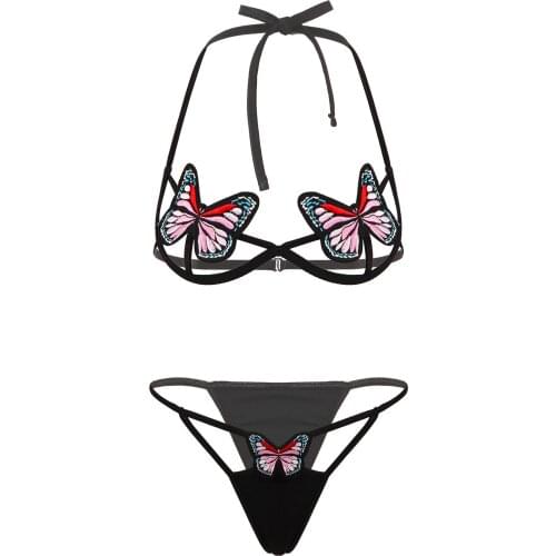 Women Butterfly Embroidery Lingerie Suit Female Halter Neck Strappy Bra with Hollow Out Panties Exotic Sets for Nightclub Party