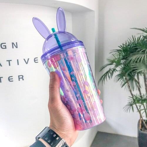 480ml Korea Creative Colorful Rabbit Ears Cartoon Ice Cup Cute Double Straw Plastic Cup Water Cup Student Couple Cup