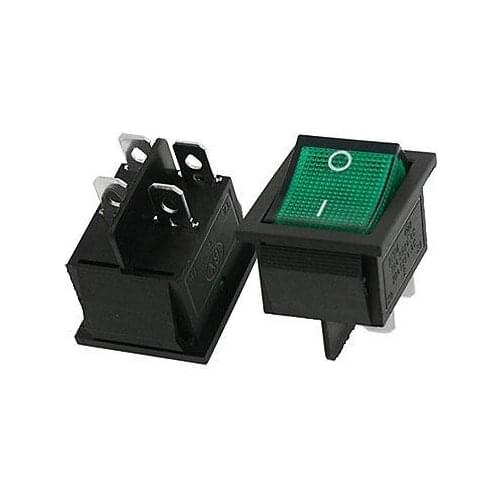 Free shipping!2 pcs Green Light Illuminated DPST On/Off 4Pin Rocker Switch 6A/250V 10A/125V AC