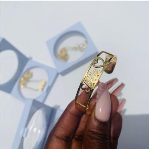 Noelia Personalized Custom Name Bracelet Stainless Steel Hollow Love Open Cuff Bracelet & Bangle for Lovers Couples Jewelry