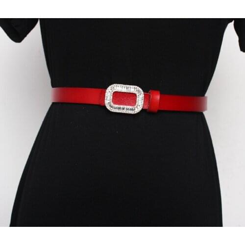 Diamond square buckle pure cowhide leather belt belt skirt dress decorative wide waist seal black accessories