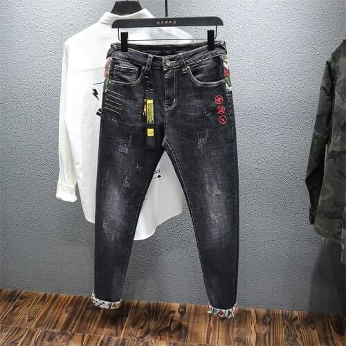 Fashion Streetwear Men Jeans Slim Fit Elastic Cotton Ripped Jeans Embroidery Patches Designer Punk Pants Hombre Hip Hop Trousers