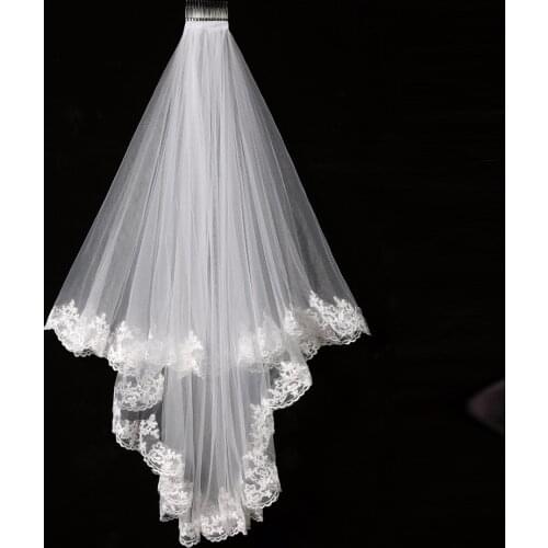 Elegant Cheap White/Ivory Elegant Beauty Two Layers Short Net Tulle Bride Veil 1.5m Long Lace Edge Tulle Veil for Wedding SLV02