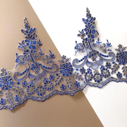 Delicate 1yard Golden Blue Embroidery Lace Trim Applique Fabric Flower Venise Sewing Craft for Wedding Kids Dress Decoration