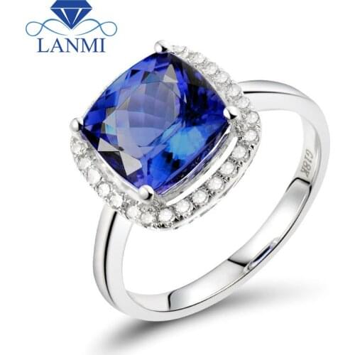 Single Stone Ring Designs Cushion Cut 8x8mm 18K White Gold Natural Tanzanite Ring With Diamonds For Sale R0014