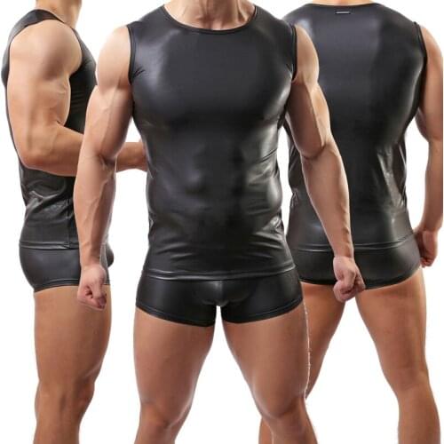 Sexy Mens Sets PU Leather Stretch Tracksuit Top + Shorts Nightclub Wear Wet Look Sexy Bodybuilding Vest Boxers Suits