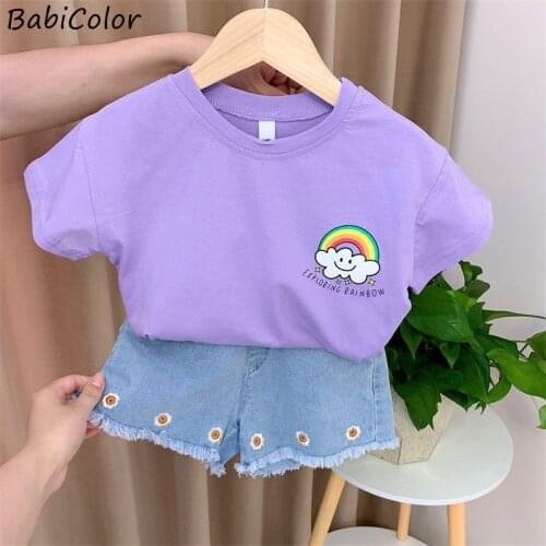 Summer Girls Clothes Round Neck Cloud Rainbow Letter T-shirt + Daisy Denim Shorts Two-piece