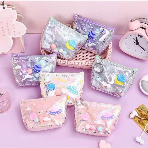 Laser Quicksand UFO Small Bag Women PVC Coin Purses Fashion Clear Coin Wallet Female Girls Kids Coin Card Holder Purse Pouch