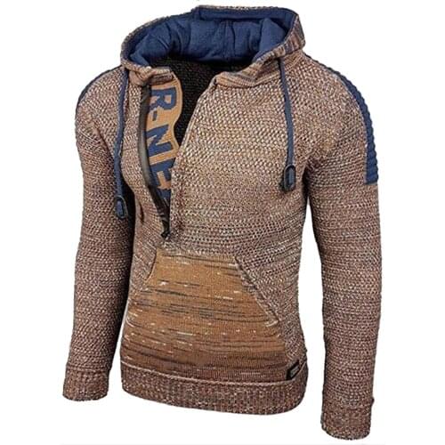 Men Autumn Winter Patchwork Warm Knitted Jumpers Sweater Long Sleeve Hooded Coat