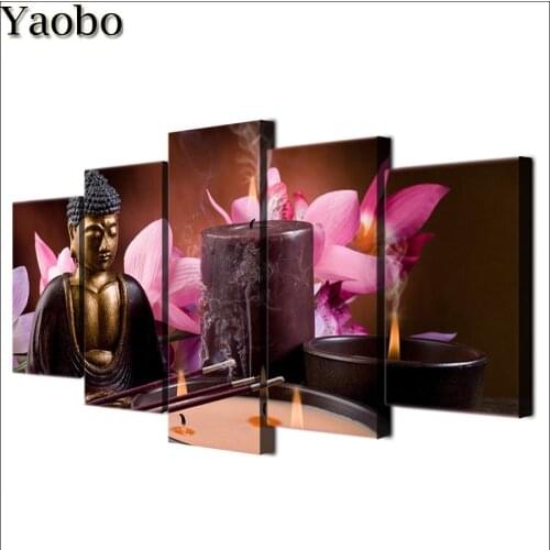 5D DIY Diamond Painting Buddha orchid candle cross stitch full square/round diamond embroidery mosaic painting 5 pcs set decor