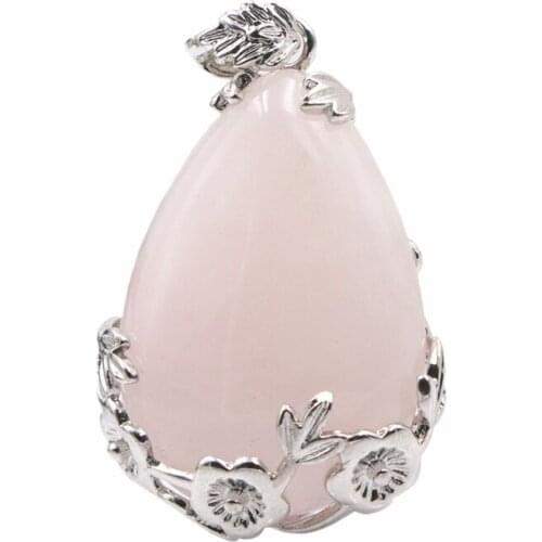New Fashion Drop Pink Crystal Stone Pendant Rose Pink Quartzs Teardrop Inlaid Alloy Flower Pendants DIY Accessories 27x34mm A701