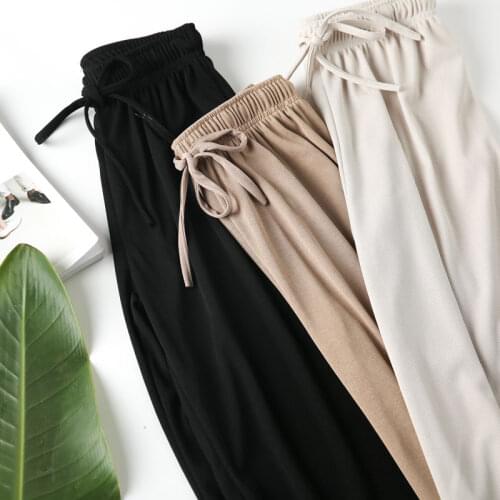 New Summer Fashion Thin Ice-silk Kintted Pants Women Elegant Drawstring Bow Loose Wide Leg Pants Casual high waist trousers M625