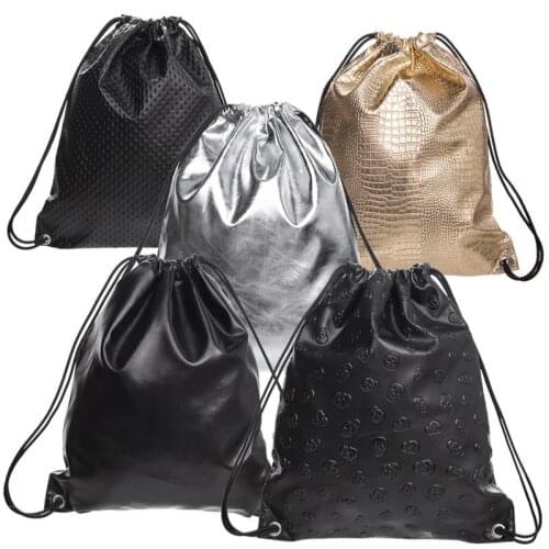 Solid Color PU Leather Fashion Womens Drawstring Bags Travel Shoulders Backpack Girl Coin Key Bunch Pocket Cosmetic Gift Bag