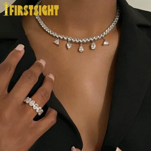 Iced out bling heart triple oval tear drop necklace 5A cubic zironia paved 5mm tennis chain choker silver color women jewelry