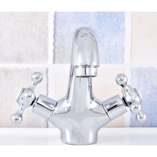 Polished Chrome Basin Faucet Double Cross Handle Bathroom Vanity Sink Faucet Deck Mounted Hot and Cold Water Mixer Tap tsf633