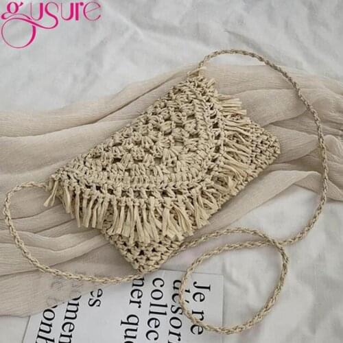 Gusure Casual Tassel Hollow Straw Bag For Women Wicker Woven Female Shoulder Crossbody Bags Rattan Summer Beach Small Purses